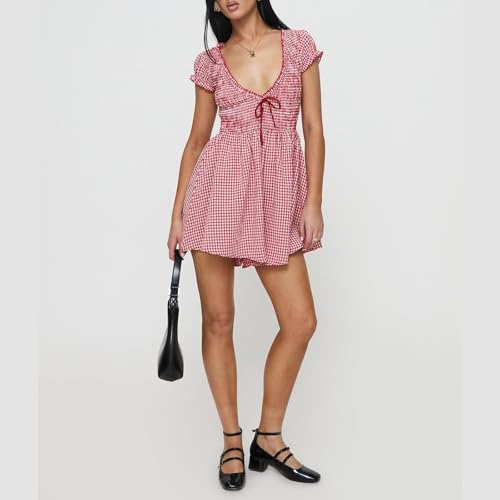 Image of Women Cute Babydoll Dress Romper Plaid V Neck Smocked Flowy Mini Romper Dress Gingham Ruffle Cap Sleeve Short Sundress