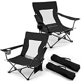 Joyfair Beach Camping Chair (2 Pack), Outdoor Folding Lawn Chair for Adults, Heavy Duty Portable Chair with Armrest for Outside Fishing, Sport, Patio, Cup Holder & Storage Pocket, Carry Bag (Black)