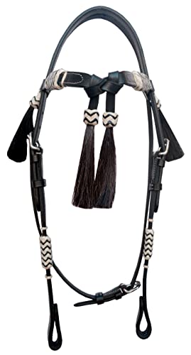 WeavingCraft Leather Bridle Hand Braided Headstall for Horse-Adjustable Horse Headstall Crafted with Pure Leather and White and Black Color Hair Tassels - Standard Size - Thumbnail 2