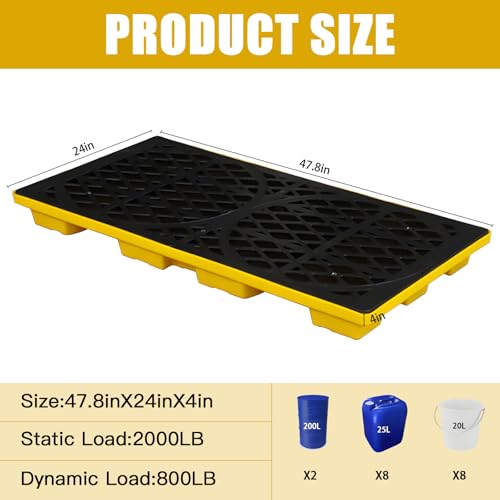 2 Drum Modular Spill Containment Platform with Drain Outlet & Forklift Pockets | 48\"x24\"x4\" Heavy-Duty 2000lbs Capacity | Stackable Leakproof Tray for Garage, Kitchen, Basement & Industrial Storage