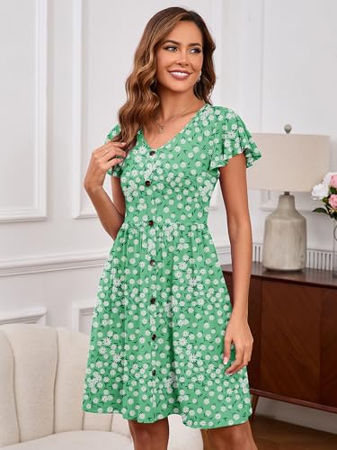 Image of Heymoments Women's Ruffle Sleeve V Neck Swing Sundress Summer Casual A-Line Midi Dress with Pockets S-2XL