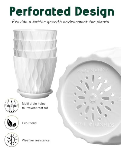 Goproauto 6 Inch Indoor Planter Pots with Drainage Hole and Tray Saucer,Flower Pots for Indoor Outdoor Garden Plants and Flowers, Multicolor, 5 Packs (White)