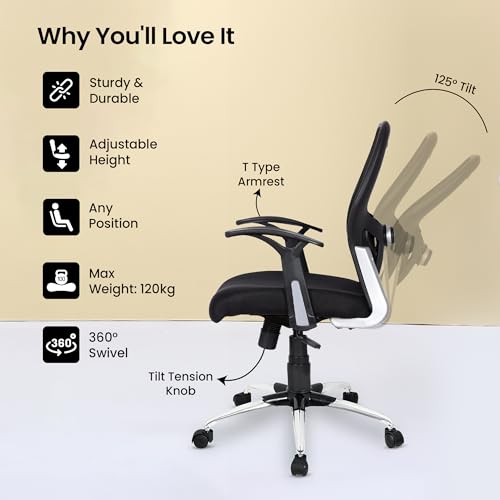 SAVYA HOME Apollo Medium Back Ergonomic Office Chair with 2D Lumbar Support, Tilt Lock Mechanism & Pneumatic Gaslift(Ergonomic Mesh, Black, 1 Piece)