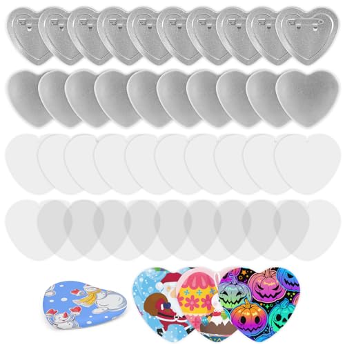100 Pieces Heart Shaped Blank Button Maker Supplies for Button Maker Machine Heart Badge Pin Button Parts Includes Metal Button Pin Back Cover Metal Shell Clear Film Gasket Blank Paper