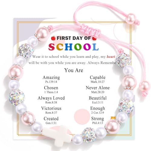 First Day of School Bracelet Gift, Cross Pearl First Day of Kindergarten...
