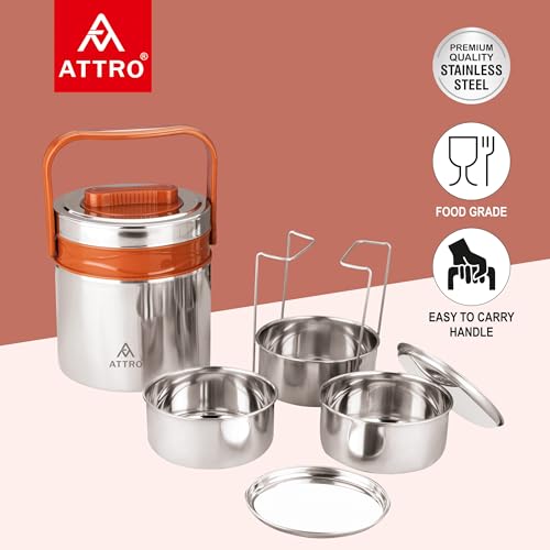 ATTRO Steel On 3 Insulated Tiffin Box, 3 Containers, Brown, 900ml - Image 5