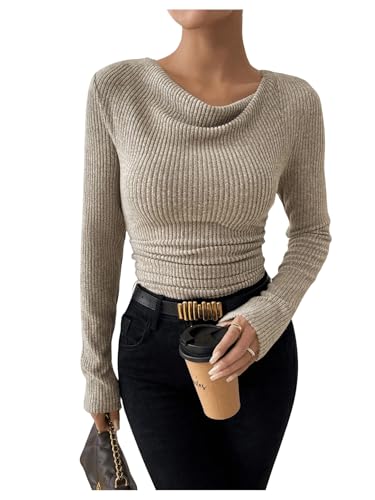 SweatyRocks Women's Cowl Neck Long Sleeve T Shirts Draped Slim Fit Ribbed Knit Basic Tops3
