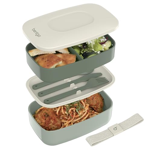 Bentgo Classic – Adult Bento Box, Stackable 3-Compartment Lunch Box with Removable Utensil Set and Sealing Strap, BPA-Free, Food Container Ideal for Meal Prep, Work, and On the Go (Khaki Green)