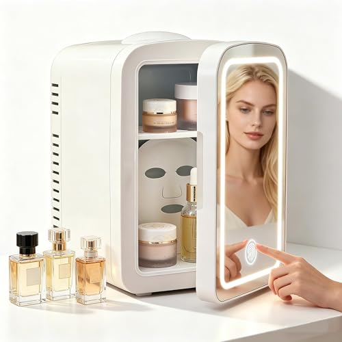 Image of Portable 4L Beauty Fridge with Dimmable LED Makeup Mirror. Compact cold storage design maintains freshness of serums, creams and cosmetics, a great choice for home, bedroom, office and vehicle use