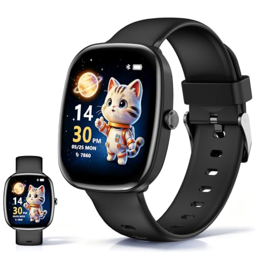 Altusmotus Kinder Sportuhr für Jungen Mädchen 4- 12, Fitness- Tracker mit Herzfrequenz- Schlafmonitor, Schrittzähler, Wecker, IP67 Wasserdicht, Aktivitätstracker für Kinder (Schwarz)