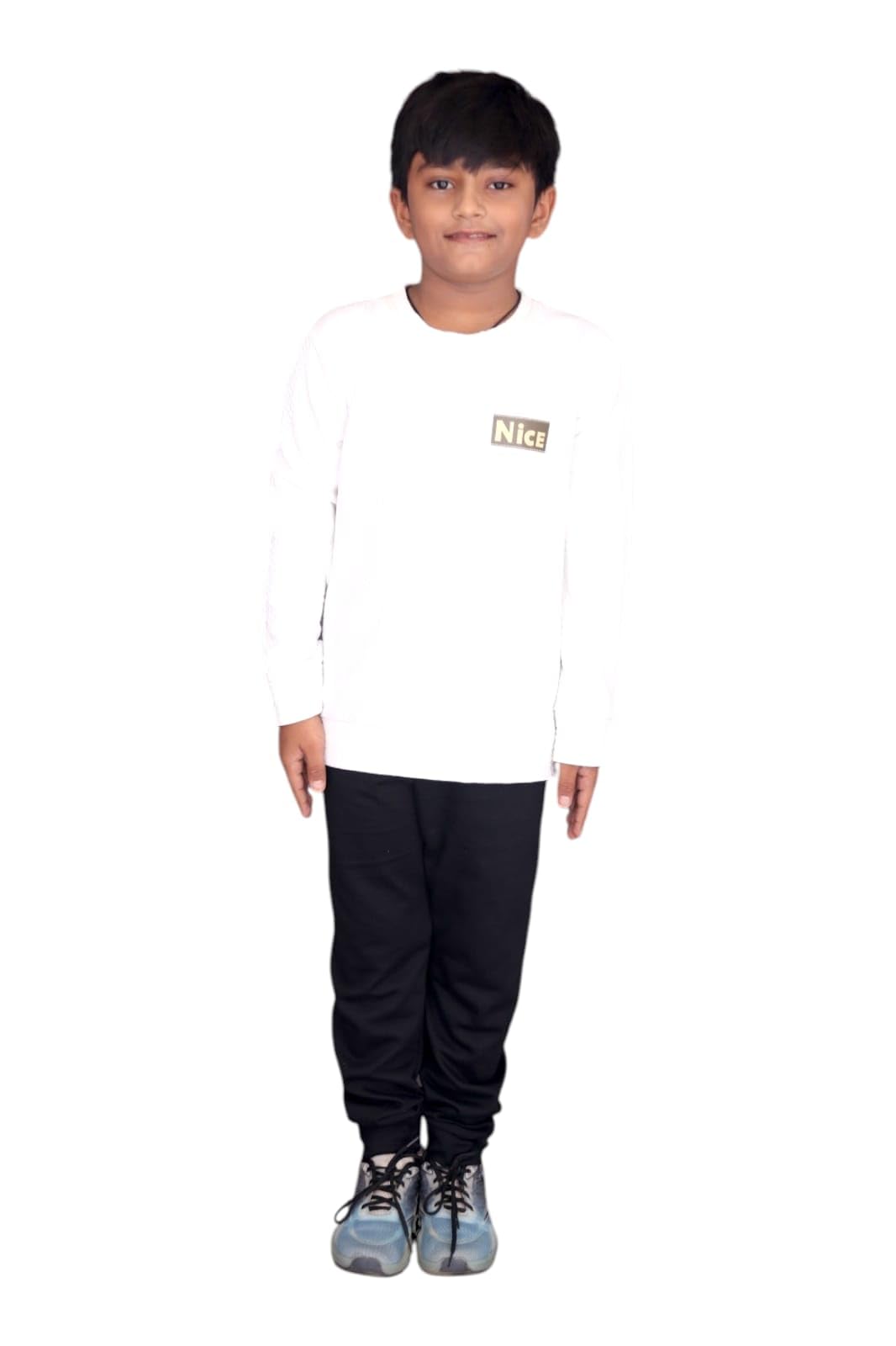 White Long Sleeve T-shirt with Black Print and Graphic Design on Boy Modeling Outfit-image-15