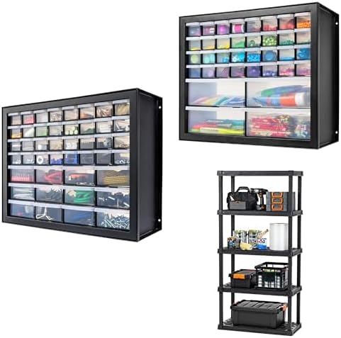 Bundle of IRIS USA 5-Shelf Heavy Duty Plastic Rack + 44 & 36 Drawer Tool Organizers