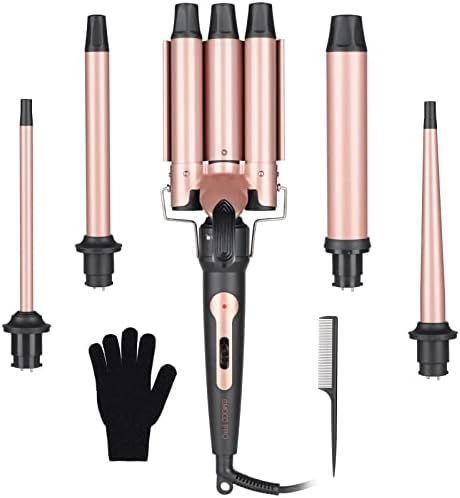 Curling Wand Set 5 in 1 - EMOCCI PRO Hair Waver Iron Crimper with 3 Barrel Beach Waves 0.35-1.25 inch Curler with 5 Interchangeable Barrels for Curly Hairstyle
