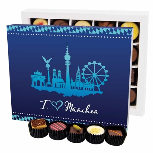 Hallingers Genuss Manufaktur Pralinen Geschenk – ohne Alkohol, handgemacht aus Premium Edelkakao, edle Geschenkbox I love München XL, feine Confiserie-Qualität als besondere Geschenkidee für Frauen