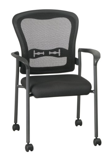 Office Star ProGrid Back Deluxe Stacking Visitor's Chair with Padded Seat and Built-in Lumbar Support, with Rolling Casters, Coal FreeFlex