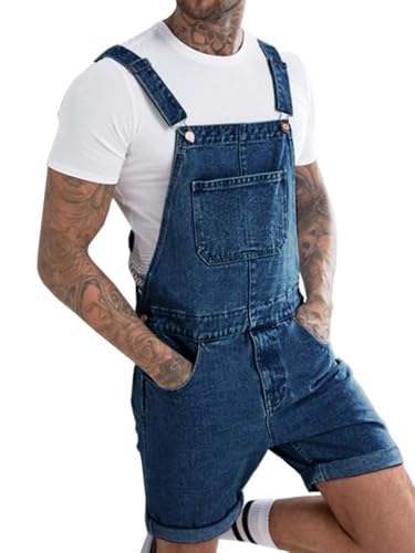 Runcati Herren Latzhose Baumwolle Jeans Overall Kurze Arbeitshose Loose Fit Männer Denim Jumpsuit mit Taschen Dunkelblau XXL