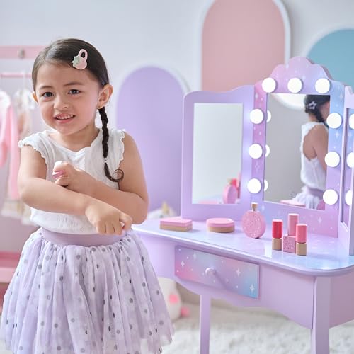 Image of Teamson Kids Gisele Medium Vanity with Stool, Purple, Ages 3+ | Stardust Print, LED Lights & Touch Sensor Mirror, Storage Drawer, Pretend Play, Elegant Dressing Table Set