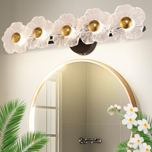 TYhogar 26.7" Black Bathroom Light Fixtures 5 Light Floral Bathroom Vanity Light, 3-Color Temperature Vanity Light Elegant Led Wall Lights Cordless Wall Sconces for Decor,Restroom,Livingroom,Bedroom
