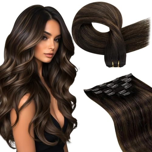 Hetto Clip in Human Hair Extensions Balayage Brown Clip in Hair Extensions 14 Inch 7pcs 120g Real Hair Clip in Extensions #2/8/2 Brown Ombre