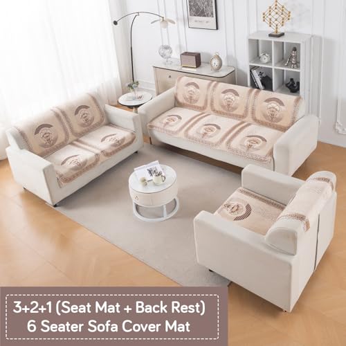 Image of HOKIPO Noor Beige Premium Chenille Jacquard Sofa Cover 6 Seater Set - Washable 3+2+1 Sofa Panel for Seat & Back | 'Royal Aangan Series' (IN-1008 * 2 + IN-1007 * 2 + IN-1006 * 2-L4)