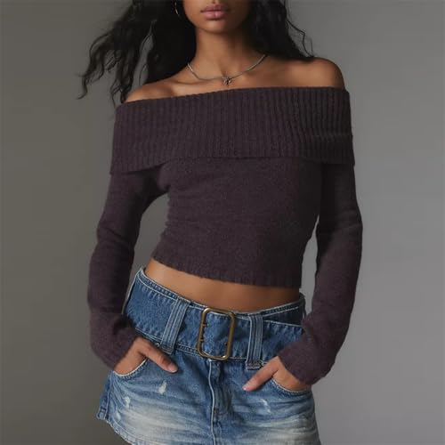 Image of Women Off The Shoulder Sweater Y2k Long Sleeve Boat Neck Knit Cropped Pullover Tops Fall Trendy Going Out Streetwear