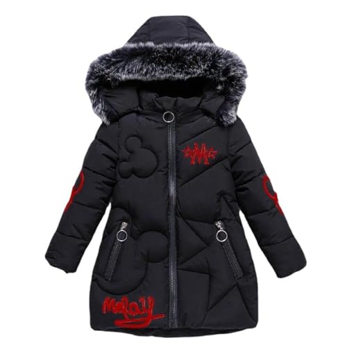 Tilozs Kinder Winterjacke Mädchen Warm Wintermantel Baumwoll Mantel Steppjacke Schön Bestickt Winter Parka Outdoorjacke mit Abnehmbaren Fellkapuze, Schwarz, 116-122, (Herstellergröße：120)