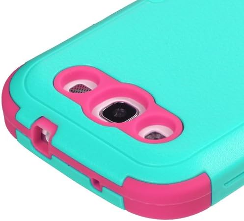 Thousand Eight(TM) For Samsung Galaxy S3 S III i9300 Heavy Duty Defender Tuff Hybrid Hard Case With Kickstand Case / Armor Hybrid Phone Protector Cover + [FREE LCD Screen Protector Shield(Ultra Clear)+Touch Screen Stylus] (Hybrid stand Natural Teal Green/Electric Pink)