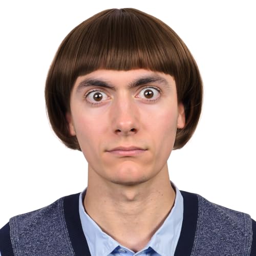 ColorGround Short Straight 60 70s Bowl Cut Funny Wig for Men Crazy Mushroom Cosplay Wig for Halloween (Dark Brown)