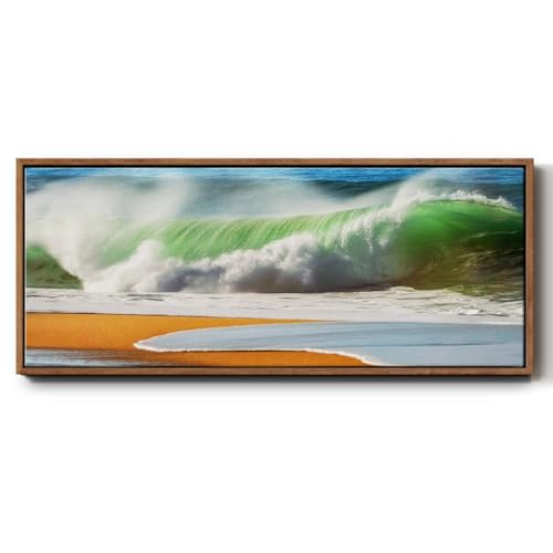 Renditions Gallery Floater Frame Abstract Paintings A Moment of Powerful Green Wave Nature Canvas Wall Hangings for Office Hotel School Walls - 8"x20" Walnut Frame LT620