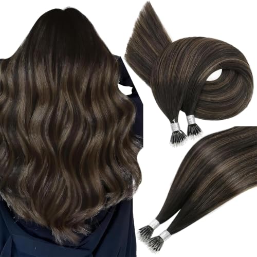 Image of Easyouth Nano Bead Hair Extensions Human Hair Balayage Brown 14 Inch 50G Ombre Dark Brown to Brown Nano Ring Beads Extension for Women Short Straight Hair 50S