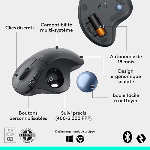 Souris trackball sans fil Logitech Ergo M575S ergonomique graphite PC Mac