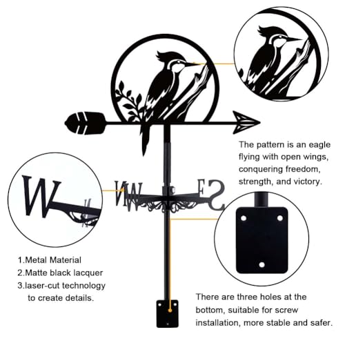 SUPERDANT Woodpecker Weather Vane Bird Weathervane Animal Metal Weathervanes Black Wind Vanes Wind Direction Indicators for Garden Roof Sheds Farmhouse Yard Outdoor Decoration - Image 3