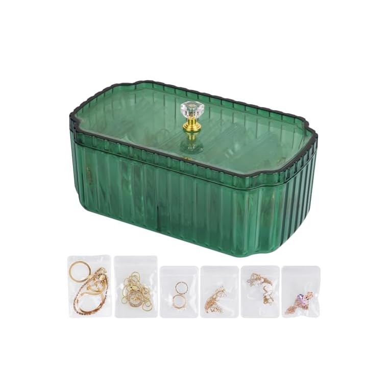 NiHome Jewelry Organizer Box Set for Vanity, Wardrobe, Bedroom Storage, 35 Anti-Tarnish Clear Travel Pouches Two Sizes for Rings, Earrings, Necklaces, Bracelets, Detachable Minimalist Design (Green)