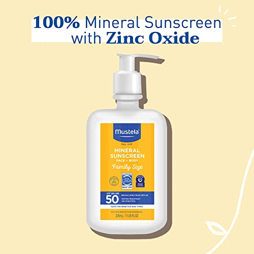 Image of Mustela Baby Mineral Sunscreen Lotion SPF 50 Broad Spectrum - Face & Body Sun Lotion for Sensitive Skin - Water Resistant & Fragrance Free - Regular & Family Size