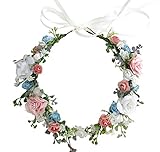 Vivivalue Bridal Floral Headband Rose Flower Crown Hair Wreath Floral Headpiece Halo Boho with Ribbon Wedding Party Photos