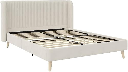 Novogratz Holly Upholstered Wingback Bed Frame, Queen, Ivory Velvet