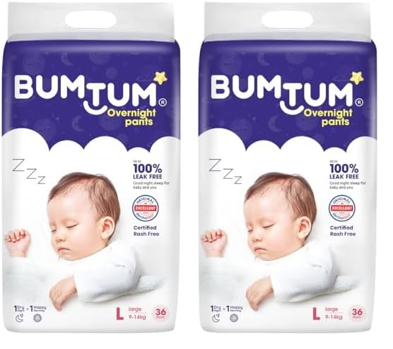 Image of Bumtum Baby Overnight Diaper Pants - Size L (9-14 kg), 36 Count | All night Absorption with Pillow Soft Comfort | No Leak | 100% Rashfree | With soothing Chamomile Microbial Layer | Pack of 2