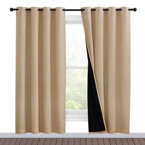 Image of NICETOWN Living Room Completely Shaded Draperies, Privacy Protection & Noise Reducing Ring Top Drapes, Black Lined Insulated Window Treatment Curtain Panels(Biscotti Beige, 2 Pieces, W55 x L78)