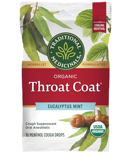 Traditional Medicinals Organic, Throat Coat Lozenges, Eucalyptus Mint with Menthol - Herbal Cough Drops, Helps Soothe Sore Throat & Relieve Cough - Non-GMO, Stimulant-Free - 16 Count