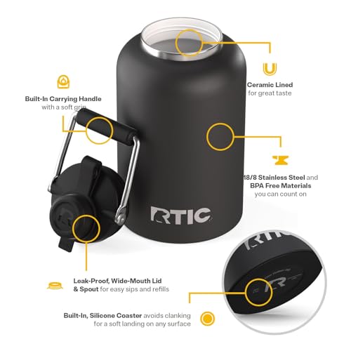 RTIC 1 Gallon Outback Jug, Stainless Steel, Ceramic Lined Insulated Water Bottle with Lid and Handle, BPA-Free, Double Wall Vacuum Insulation, Black - Image 3