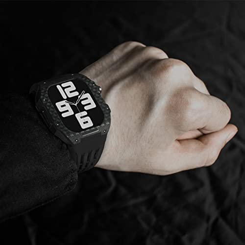 ZEDEVB Etui z włókna węglowego i zestaw do konwersji paska fluorogumowego, do Apple Watch serii 8, 7, 45 mm, etui z włókna węglowego + gumowy pasek z fluorogumy do iWatch 6, 5, 4, SE, 44 mm, 45mm,