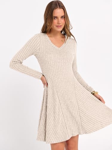 ANRABESS Women Long Sleeve Ribbed Knit Short Dresses 2026 Spring V Neck Casual Swing A Line Sweater Dress Beige X-Large