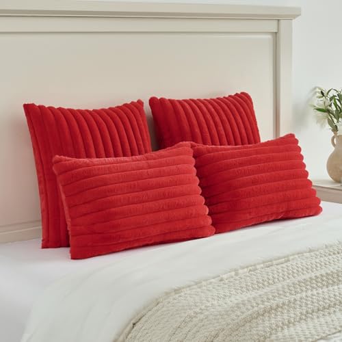FUTEI Red Striped Decorative Throw Pillow Covers 16x16 Inch Set of 2,Square Fall Decorations Couch Pillow Case,Soft Cozy Faux Rabbit Fur & Velvet Back,Modern Home Decor for Bed