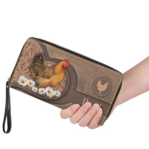 Image of Bulopur Custom Name Wallet for Women Daisy Chicken Wristlet Wallet Large Capacity PU Leather Zip Around Wallet Clutch Purse for Cash /Card /Coin /Smart Phone Envelope Long Wallets Travel Passport Holder