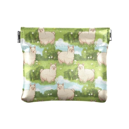 Image of PU Leather Change Holder Crane Ocean Waves Beige Coin Purse Pu Leather Change Purse for Women Size 4.3" X 3.7", Cute Alpaca Grass Green, One Size, Cute Alpaca Grass Green