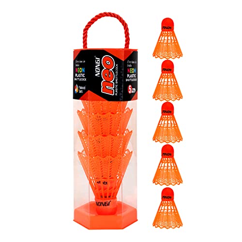 Image of Neo Colored Cork Plastic Badminton Shuttlecocks for Indoor Outdoor Badminton Sports - Color Orange - Speed Medium - Pack of 5 Shuttle