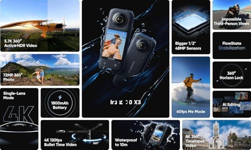 Image of Instaa 360 X3 Action Camera 5.7K 360 Video Waterproof Action Cam with Touchscreen Stabilization Portable Camera for Travel Vlogging Sports