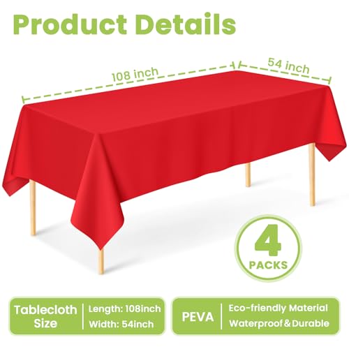 Image of Mulbozy 4 Pcs Red Plastic Table Cloth Disposable, 54 x108 Inch