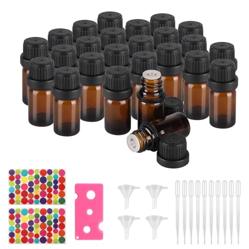 CPROSP 25pcs 5ml Bouteille en Verre Ambré, Bouteilles D'huile Essentielle, Flacon en Verre avec Compte-Gouttes en Plastique, TréMies à Entonnoir et Autocollant pour L'Aromathérapie, les Parfums