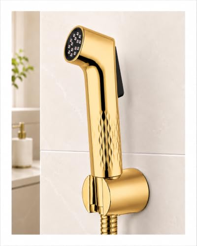 Image of Premium Plus Gold Health Faucet Complete Set with 1 Meter Matching Hose & Wall Hook | Self Cleaning Jet Spray for Toilet | NeverBlock AutoClean Nozzles | High Pressure | Gold Finish